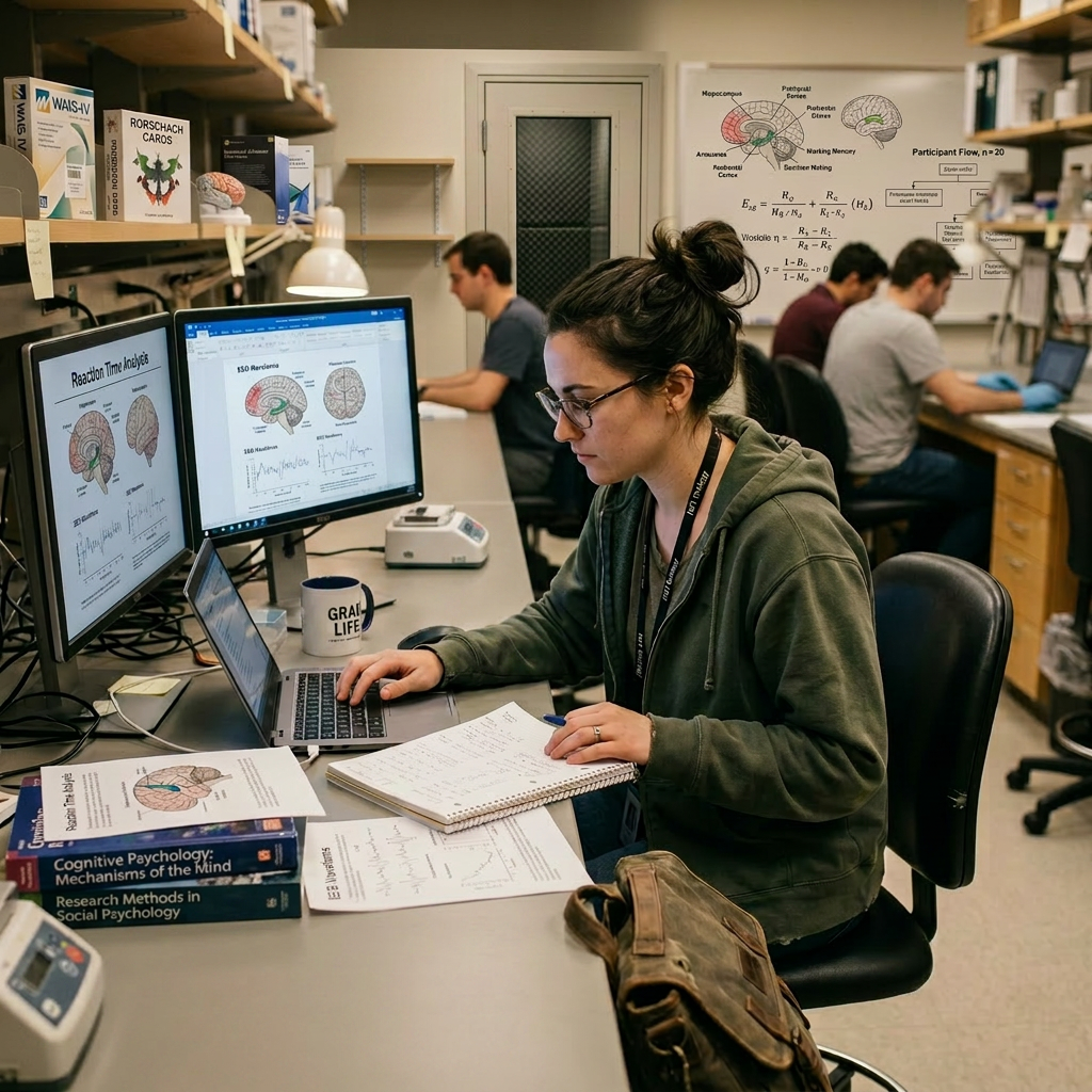 Researcher working on laptop and notes with two monitors displaying graphs and text in laboratory